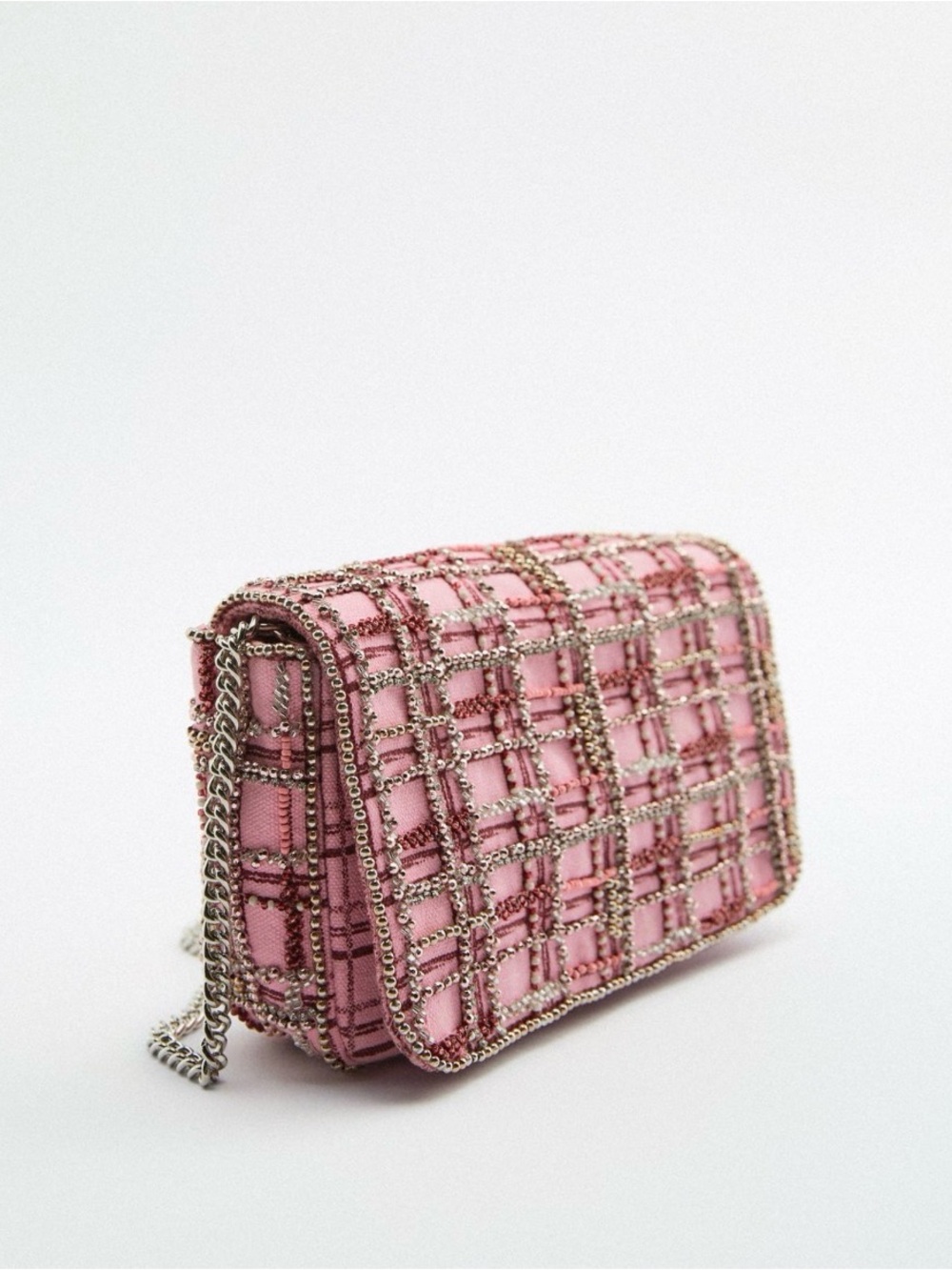 Y2K coquette party Zara pink plaid beaded crossbody bag with silver chain strap